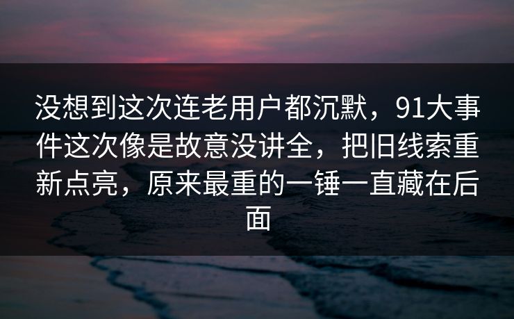 没想到这次连老用户都沉默，91大事件这次像是故意没讲全，把旧线索重新点亮，原来最重的一锤一直藏在后面